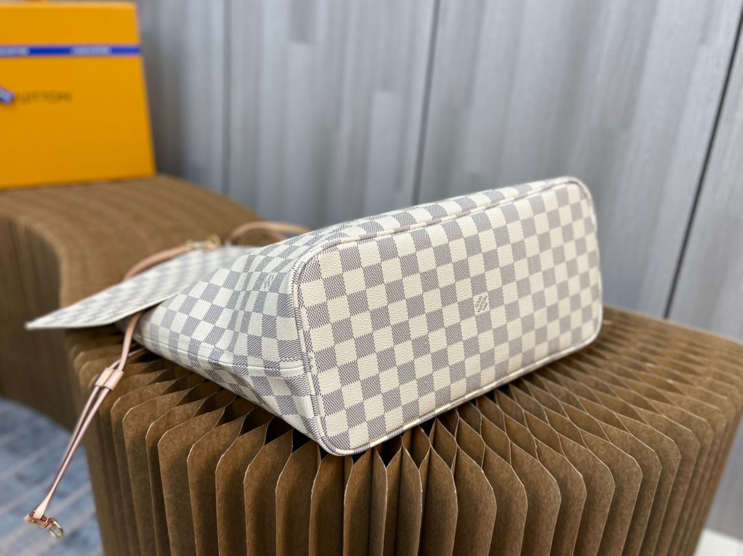 M40995, N41361 white check-apricot all-steel hardware 💯✅🎀🎀 classic shopping bag 💋31cm 💋LV Louis Vuitton new Neverfull new interpretation of classic handbag,