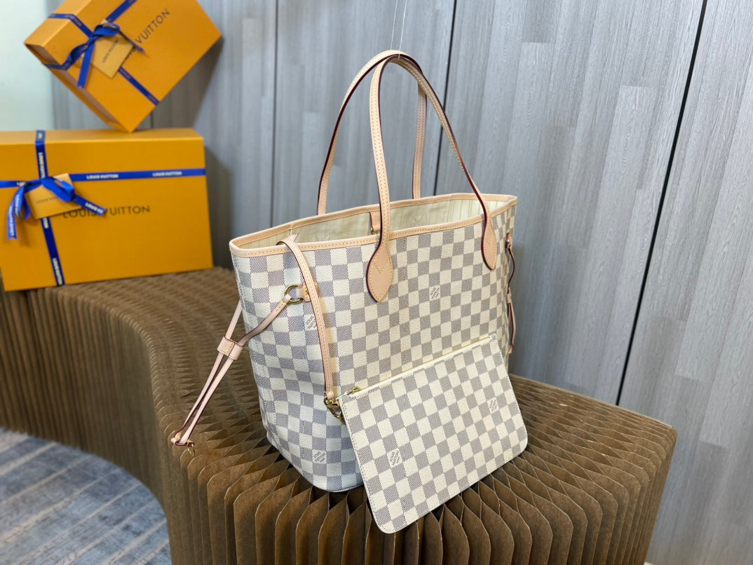 M40995, N41361 white check-apricot all-steel hardware 💯✅🎀🎀 classic shopping bag 💋31cm 💋LV Louis Vuitton new Neverfull new interpretation of classic handbag,