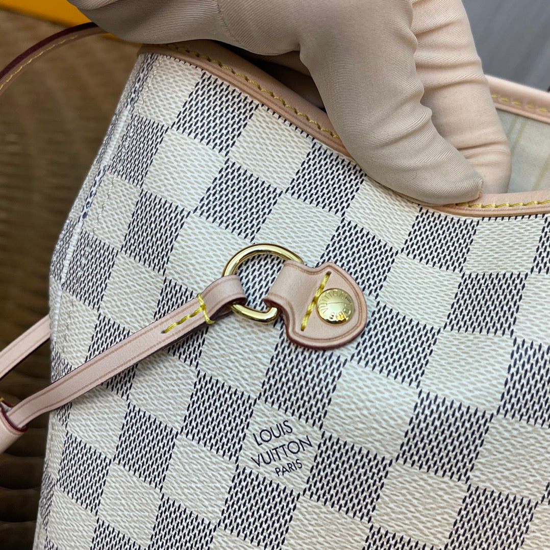 M40995, N41361 white check-apricot all-steel hardware 💯✅🎀🎀 classic shopping bag 💋31cm 💋LV Louis Vuitton new Neverfull new interpretation of classic handbag,