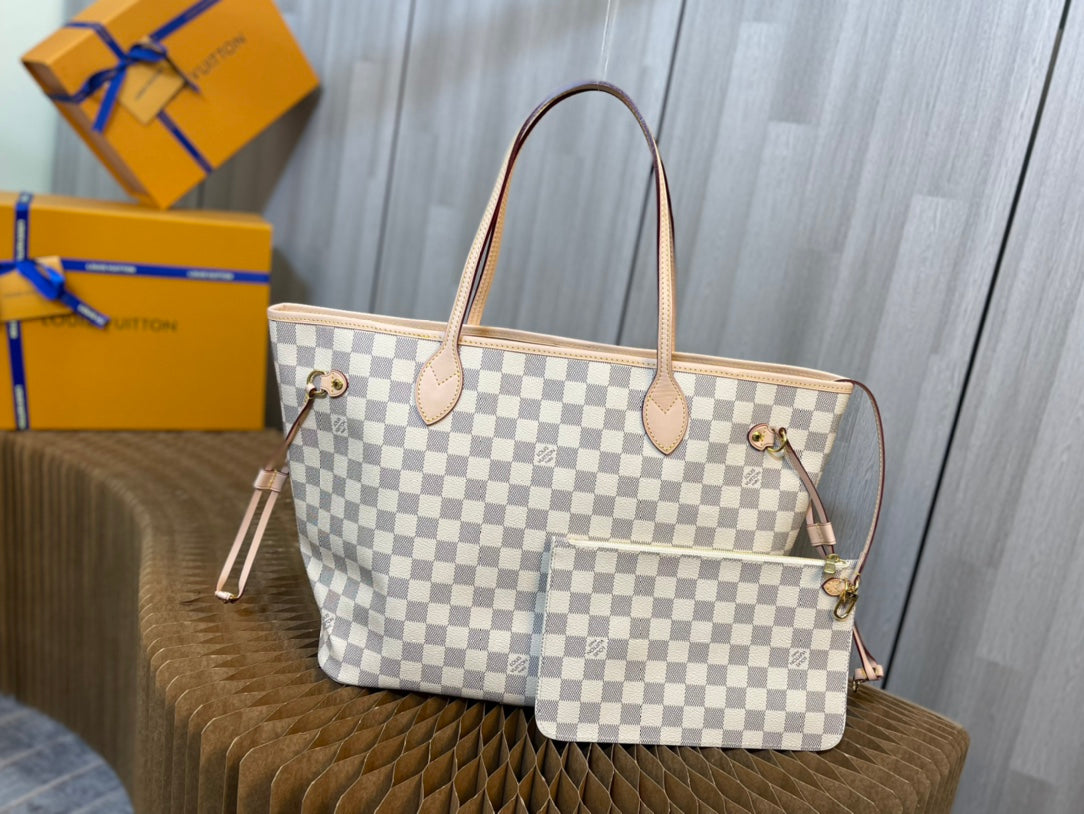 M40995, N41361 white check-apricot all-steel hardware 💯✅🎀🎀 classic shopping bag 💋31cm 💋LV Louis Vuitton new Neverfull new interpretation of classic handbag,