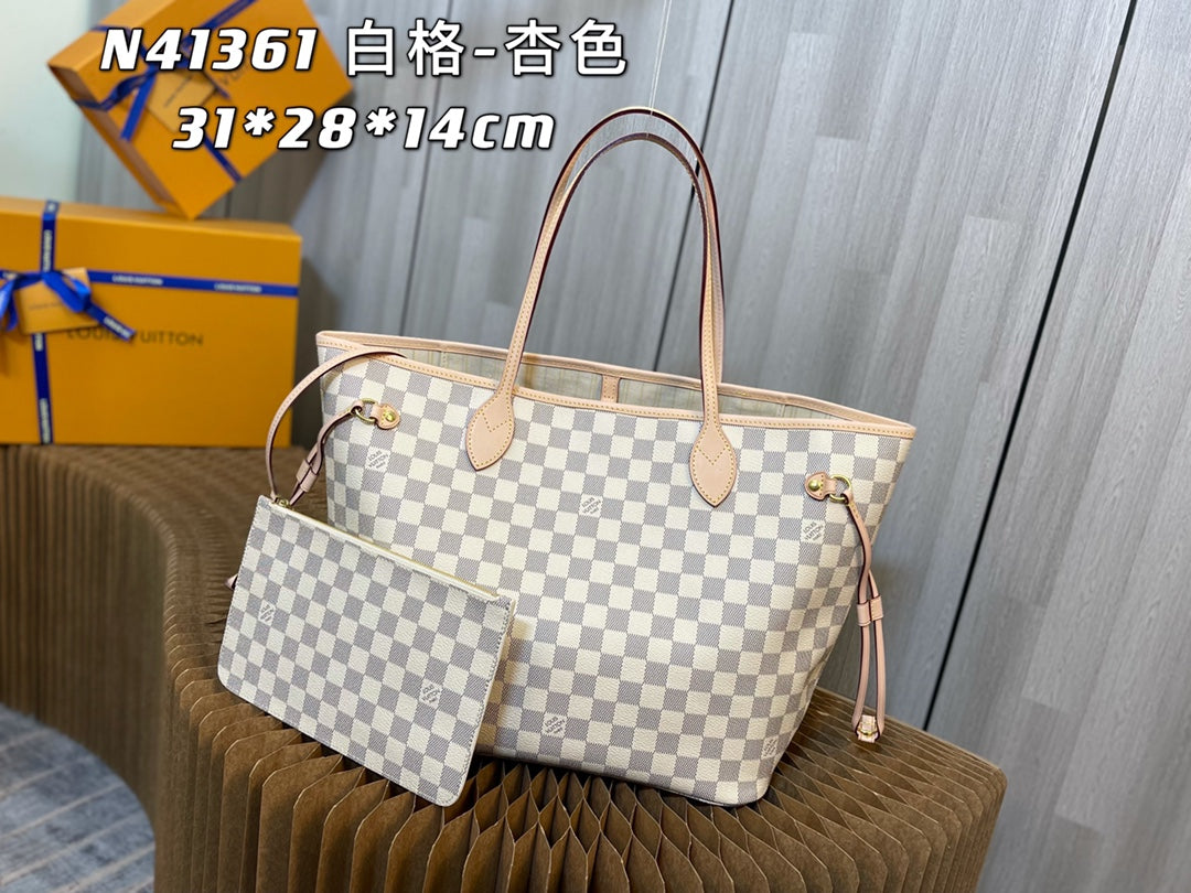 M40995, N41361 white check-apricot all-steel hardware 💯✅🎀🎀 classic shopping bag 💋31cm 💋LV Louis Vuitton new Neverfull new interpretation of classic handbag,