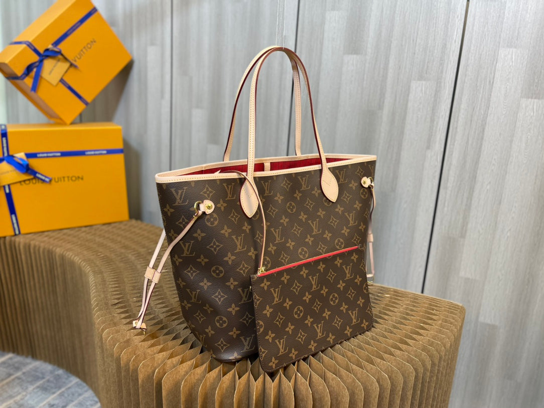 M41177 Presbyopia-Red All-Steel Hardware 💯✅🎀🎀 Classic Shopping Bag 💋31cm 💋LV Louis Vuitton New Neverfull New Interpretation of Classic Handbag,